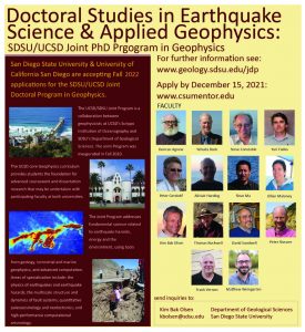 Joint Doctoral Program with UCSD in Geophysics application deadline Dec 15, 2021